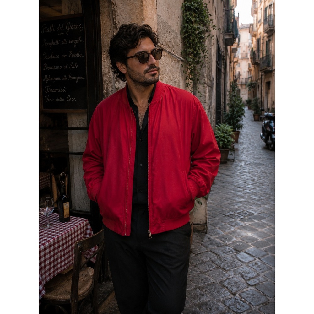Vintage Bonjour XL Bomber Jacket Red 100%‎ Silk Full Zip Lightweight 90s #1198